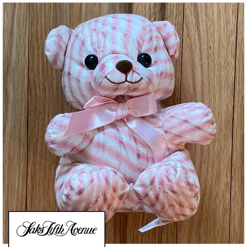 NWOT Saks Fifth Avenue Vintage Pink/White w/It. tan Striped Bear, stuffed muslin